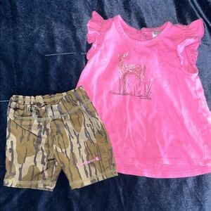 Carhartt Pink Deer Graphic Tee with matching camo shorts